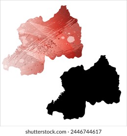 High detailed vector map. Rwanda. Set of two cards. Watercolor style. Red color. Black card.