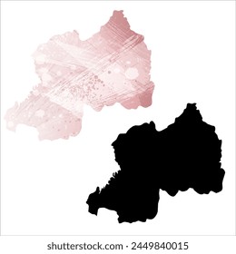 High detailed vector map. Rwanda. Set of two cards. Watercolor style. Pink color. Black card.