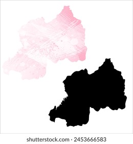 High detailed vector map. Rwanda. Set of two cards. Watercolor style. Pink color. Black card.