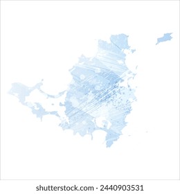 Mapa vectorial detallado. San Martín y San Martín. Estilo acuarela. Flor de maíz pálida. Color azul.