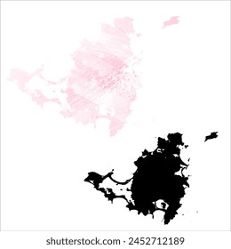 High detailed vector map. Saint Martin and Sint Maarten. Set of two cards. Watercolor style. Pink color. Black card.