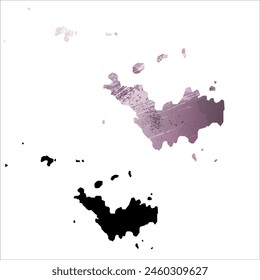Mapa de Vector detallado. San Bartolomé. Juego de dos cartas. Estilo acuarela. Color púrpura. Tarjeta negra.