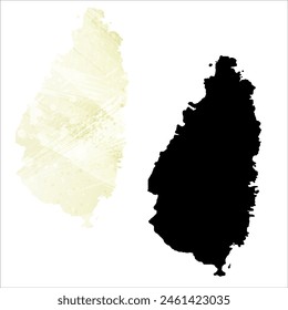 Mapa de Vector detallado. Santa Lucía. Juego de dos cartas. Estilo acuarela. Color limón amarillo. Tarjeta negra.