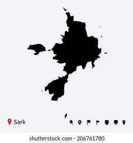 High detailed vector map of Sark with navigation pins.