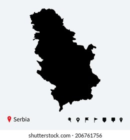 High detailed vector map of Serbia with navigation pins.