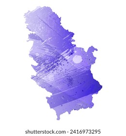 Mapa vectorial detallado alto. Serbia. Estilo acuarela. Color azul aspido. Un color violeta, delicado y pastel.