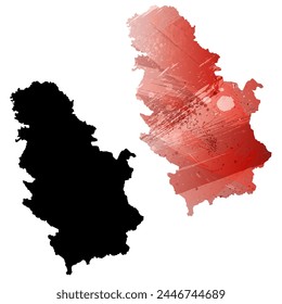 High detailed vector map. Serbia. Set of two cards. Watercolor style. Red color. Black card.