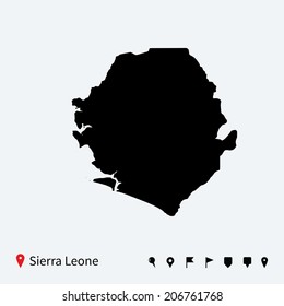 High detailed vector map of Sierra Leone with navigation pins.