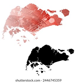 Detaillierte Karte der Vektorgrafik. Singapur. Satz von zwei Karten. Aquarellstil. Rote Farbe. Schwarze Karte.
