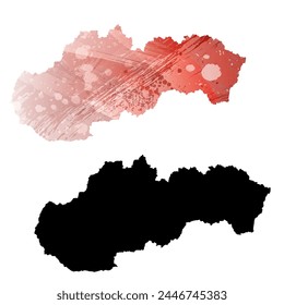 High detailed vector map. Slovakia. Set of two cards. Watercolor style. Red color. Black card.