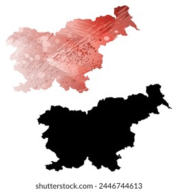 High detailed vector map. Slovenia. Set of two cards. Watercolor style. Red color. Black card.