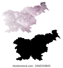 Mapa de Vector detallado. Eslovenia. Juego de dos cartas. Estilo acuarela. Color púrpura. Tarjeta negra.