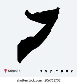 High detailed vector map of Somalia with navigation pins.