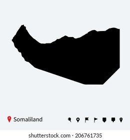 High detailed vector map of Somaliland with navigation pins.