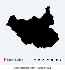 High detailed vector map of South Sudan with navigation pins.
