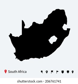 High detailed vector map of South Africa with navigation pins.