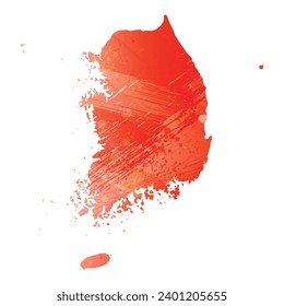High detailed vector map. South Korea. Watercolor style. Scarlet bright red color.