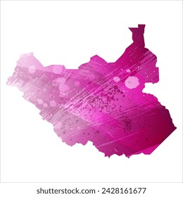 High detailed vector map. South Sudan. Watercolor style. Eggplant color. Purple bright color.