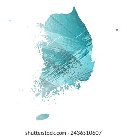 High detailed vector map. South Korea. Watercolor style. Turquoise blue color. Blue is a deep color.