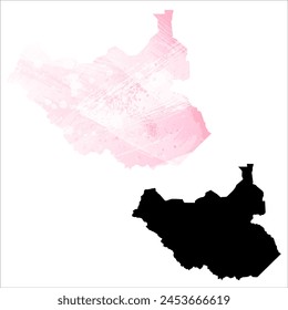 High detailed vector map. South Sudan. Set of two cards. Watercolor style. Pink color. Black card.