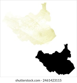 Mapa de Vector detallado. Sudán del Sur. Juego de dos cartas. Estilo acuarela. Color limón amarillo. Tarjeta negra.