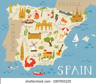 High detailed vector map of Spain. With food, architecture, people, drinks and symbols of Spanish culture. 