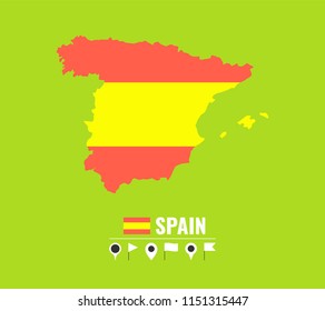 High detailed vector map of Spain. Name country, flag and pointer set. Flat vector illustration.
