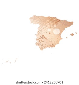 Mapa vectorial detallado alto. España. Estilo acuarela. Brass antiguo. Marrón claro. Color dorado.
