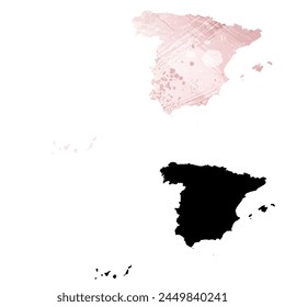 High detailed vector map. Spain. Set of two cards. Watercolor style. Pink color. Black card.