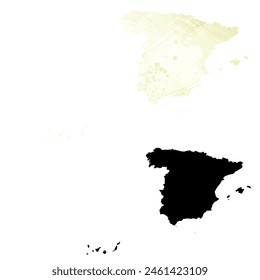 High detailed vector map. Spain. Set of two cards. Watercolor style. Yellow lemon color. Black card.