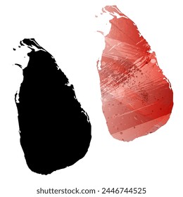 High detailed vector map. Sri Lanka. Set of two cards. Watercolor style. Red color. Black card.