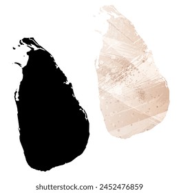 High detailed vector map. Sri Lanka. Set of two cards. Watercolor style. Brown beige color. Black card.
