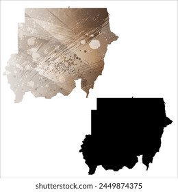 Detaillierte Karte der Vektorgrafik. Sudan. Satz von zwei Karten. Aquarellstil. Braune Farbe. Schwarze Karte.
