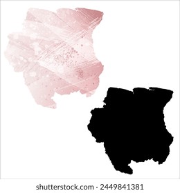 High detailed vector map. Suriname. Set of two cards. Watercolor style. Pink color. Black card.