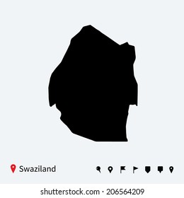 High detailed vector map of Swaziland with navigation pins.