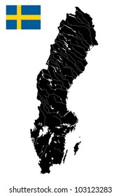 High detailed vector map of Sweden with lakes, rivers and island and flag.