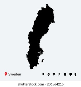 High detailed vector map of Sweden with navigation pins.
