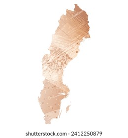 High detailed vector map. Sweden. Watercolor style. Antique brass. Light brown. Gold color.