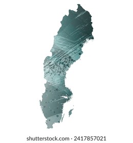 High detailed vector map. Sweden. Watercolor style. Aspid gray color. Green-gray deep color.