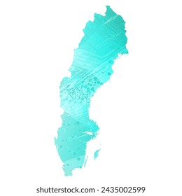 High detailed vector map. Sweden. Watercolor style. Turquoise color. Bright blue color.