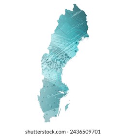 Mapa vectorial detallado. Suecia. Estilo acuarela. Color azul turquesa. El azul es un color profundo.