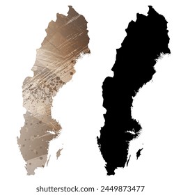High detailed vector map. Sweden. Set of two cards. Watercolor style. Brown color. Black card.