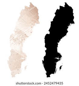 Mapa de Vector detallado. Suecia. Juego de dos cartas. Estilo acuarela. Color beige marrón. Tarjeta negra.