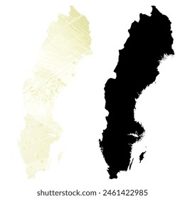Mapa de Vector detallado. Suecia. Juego de dos cartas. Estilo acuarela. Color limón amarillo. Tarjeta negra.