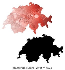 High detailed vector map. Switzerland. Set of two cards. Watercolor style. Red color. Black card.