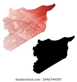 High detailed vector map. Syria. Set of two cards. Watercolor style. Red color. Black card.