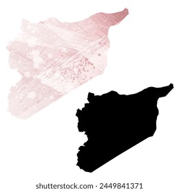 High detailed vector map. Syria. Set of two cards. Watercolor style. Pink color. Black card.