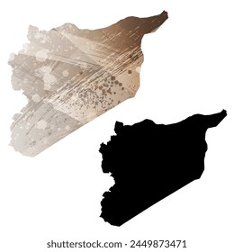 High detailed vector map. Syria. Set of two cards. Watercolor style. Brown color. Black card.