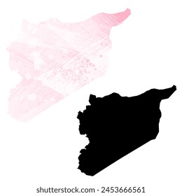 High detailed vector map. Syria. Set of two cards. Watercolor style. Pink color. Black card.