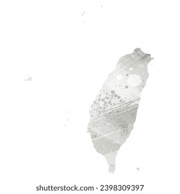 Mapa vectorial detallado alto. Taiwán. Estilo acuarela. Color gris.